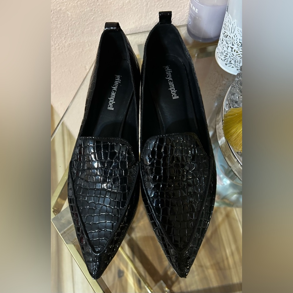 Jeffrey Campbell Black Croc Leather Loafers With Circular Heels Shoes Size 8